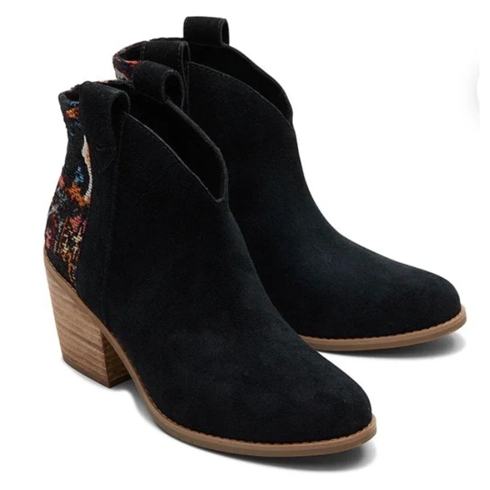 TOMS Marina Black Suede Tapestry Western Ankle Boots OrthoLite Size 6 NEW